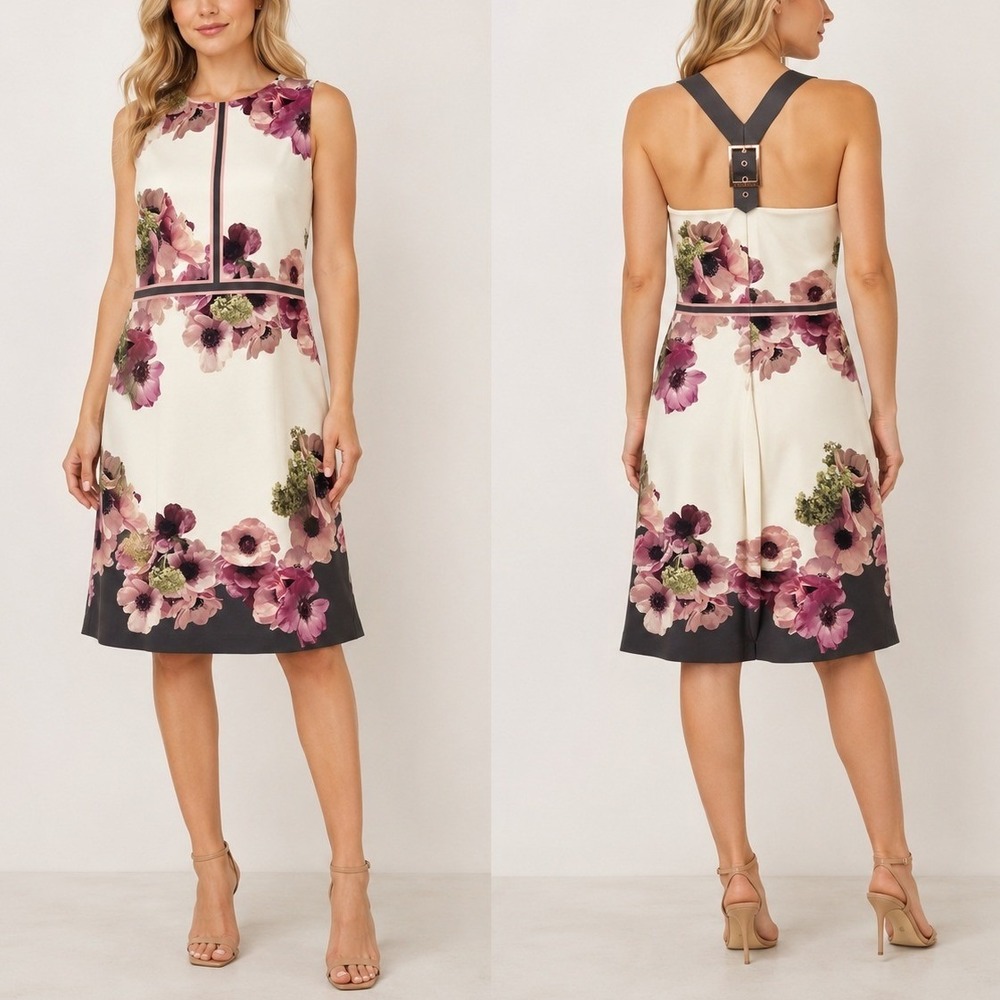 Ted‎ Baker Nanina Neapolitan Print Dress 8 White Floral Buckle Back Cocktail